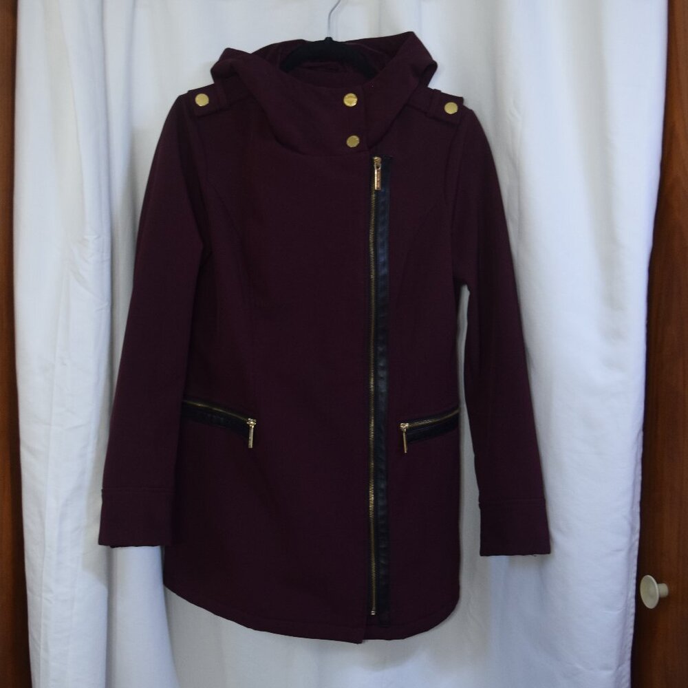 Michael Kors Asymmetrical zipper coat with gold buttons & black trims, size smal